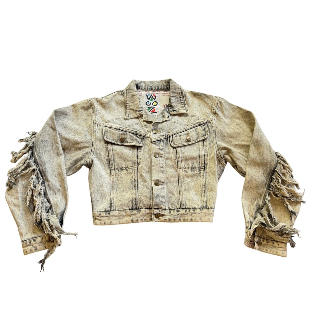 Wooz Wear Denim Jacket Womens Large Acid Wash Excellent Vintage 80s Fringe Crop
